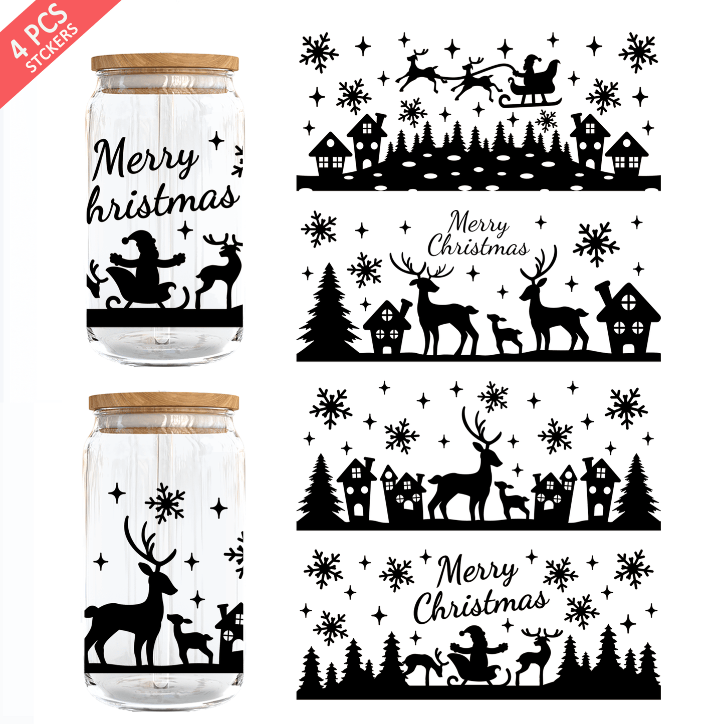 1 set of 4pcs Christmas UV DTF Cup Wrap For 16oz Libbey Glass - Waterproof 3D Crystal Transfer Sticker For DIY Crafting, Mugs, Laptops