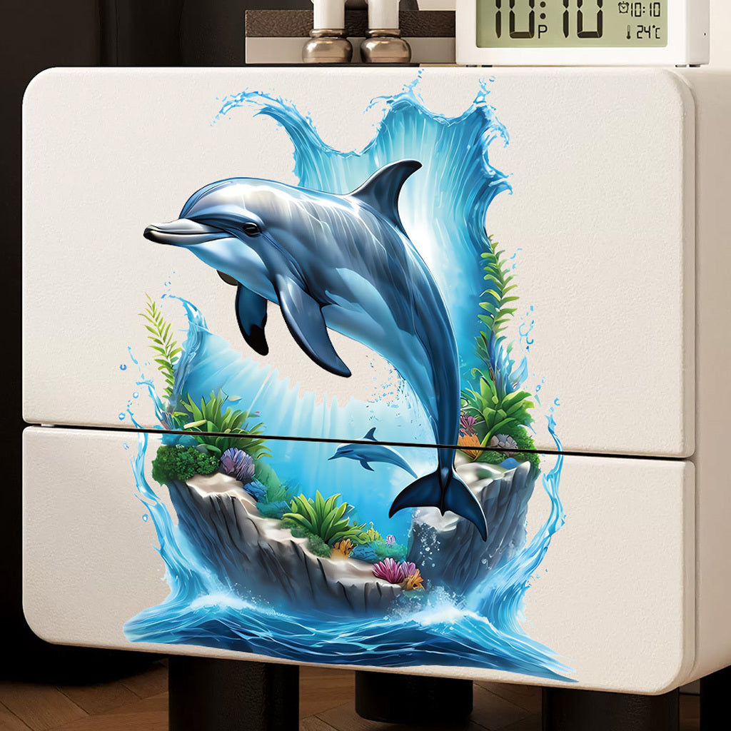 1pc Lifelike dolphin underwater scene stickers, realistic marine mammals with coral reef waves, perfect for ocean-themed decoration, marine art accents, self-adhesive, removable, and waterproof wall decals