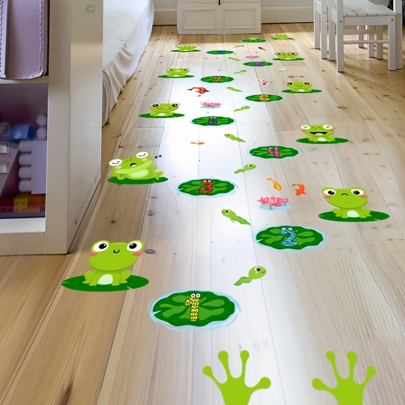A set of frog and water lily stickers featuring charming plant scenes with lively amphibian details, adding an elegant outdoor aesthetic for nature lovers and modern interior design. Self-adhesive and removable floor stickers.
