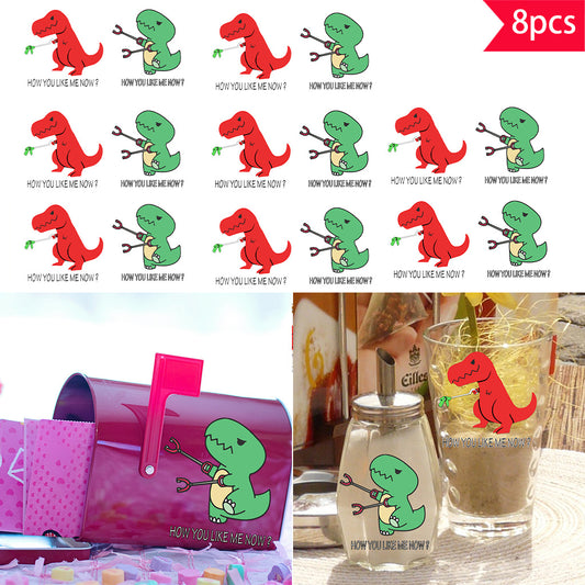 8pcs Humorous and cute cartoon dinosaur UV DTF crystal decal sticker set 'How Much You Like Me Now' sticker Quirky T-Rex design, perfect for decorating glass jars, home spaces, and other items, adding a fun and whimsical atmosphere. Self-adhesive waterpro