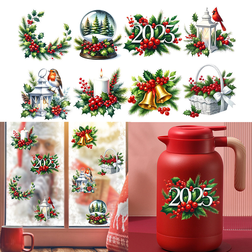 1套 2025圣诞节花卉水果铃铛转印水晶标贴纸 适用于水杯 咖啡杯 笔记本装饰等 自粘防水DIY贴纸 UV DTF 转印贴纸办公室和家用