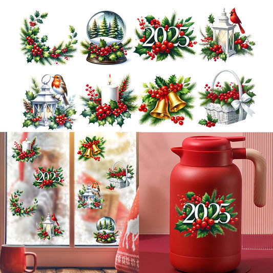 1套 2025圣诞节花卉水果铃铛转印水晶标贴纸 适用于水杯 咖啡杯 笔记本装饰等 自粘防水DIY贴纸 UV DTF 转印贴纸办公室和家用