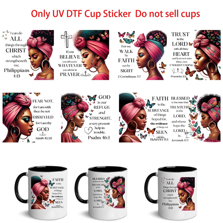 1 set of 8pcs UV DTF Cup Stickers Black Prayer Faith Series Design Series Libbey Glass Cup Waterproof Sticker Pack, Stainless Steel Roller Vinyl Transfer Sticker, Colorful Design Decals, UV DTF, Suitable For Mugs, Refrigerators, Water Cups, Coffee Cups An