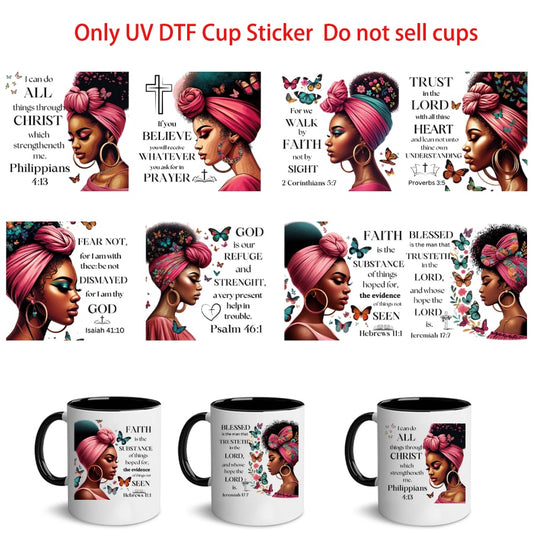 1 set of 8pcs UV DTF Cup Stickers Black Prayer Faith Series Design Series Libbey Glass Cup Waterproof Sticker Pack, Stainless Steel Roller Vinyl Transfer Sticker, Colorful Design Decals, UV DTF, Suitable For Mugs, Refrigerators, Water Cups, Coffee Cups An