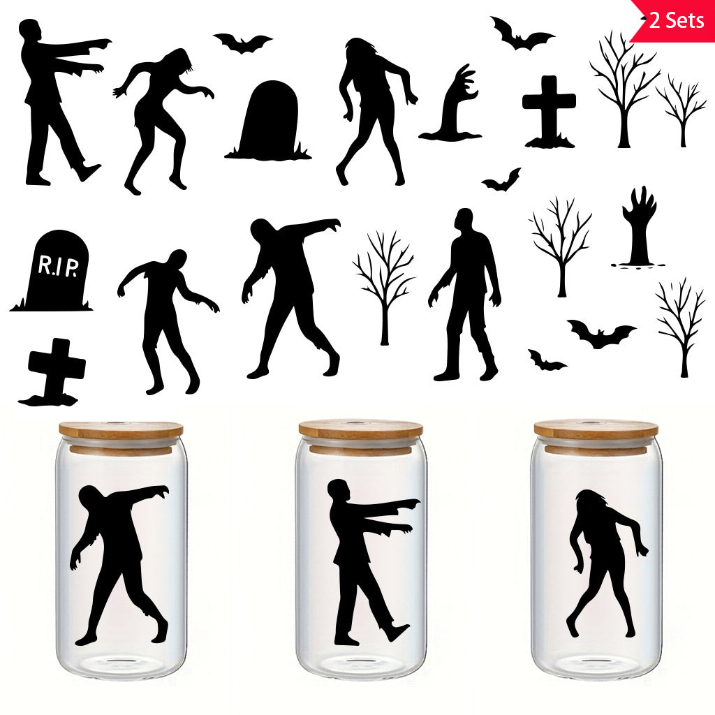 2套 万圣节剪影丧尸转印水晶贴纸 使用于水杯 电脑 玻璃 金属等装饰水晶贴纸 自粘防水可拆卸UV DTF水晶贴纸