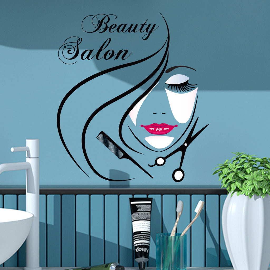 1pc Elegant beauty salon stickers, stylish hairstyle, beauty scissors and comb design, perfect for salon decoration, fashionable art accents, adding an artistic atmosphere, self-adhesive and removable wall stickers
