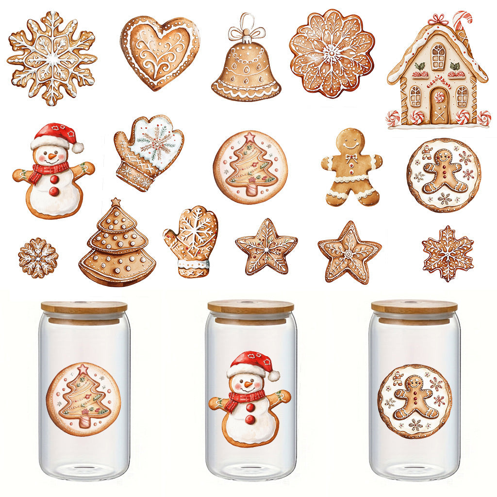 2套 圣诞节姜饼人 姜饼屋等圣诞DIY玻璃罐包装水晶标转印贴纸 节日咖啡杯UV DTF高不干胶包装在马克杯上转移装饰贴纸 增添圣诞节日温馨氛围与艺术文化装饰