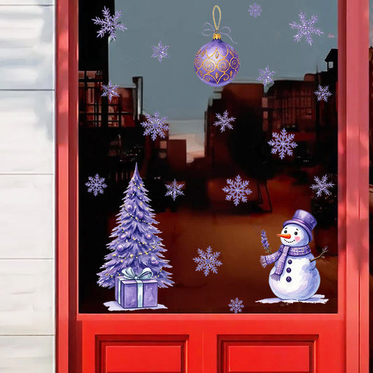 1套 紫色系圣诞主题墙贴，梦幻紫圣诞树、雪人、彩球组合，风格雅致独特，贴于卧室、客厅墙面，为圣诞添浪漫氛围，自粘易贴可点缀空间。