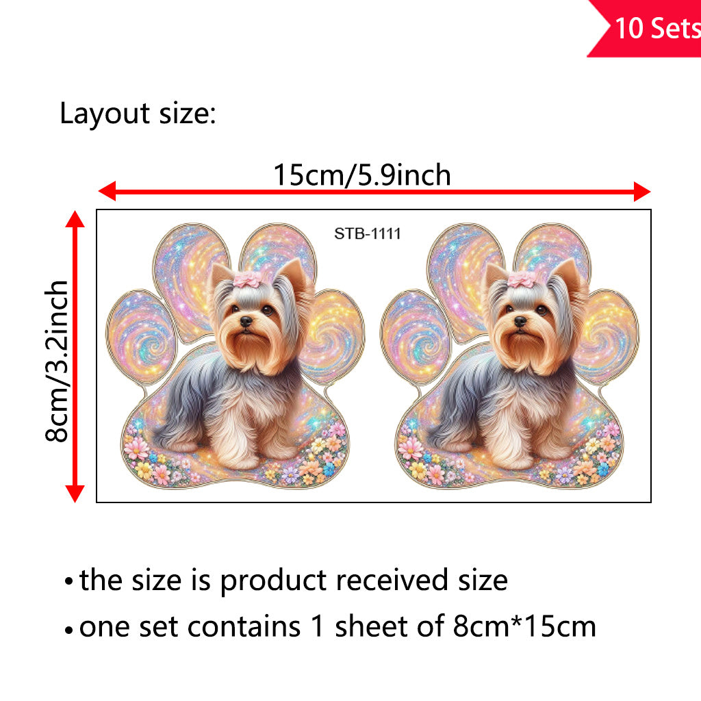 10套 可爱约克夏犬彩色狗爪印UV DTF水晶标签转印贴纸套装 - 花卉与闪亮设计，为宠物爱好者增添温馨氛围，适用于玻璃罐和空间装饰，物品装饰，自粘，可移除，防水创意DIY水晶标签转印贴纸