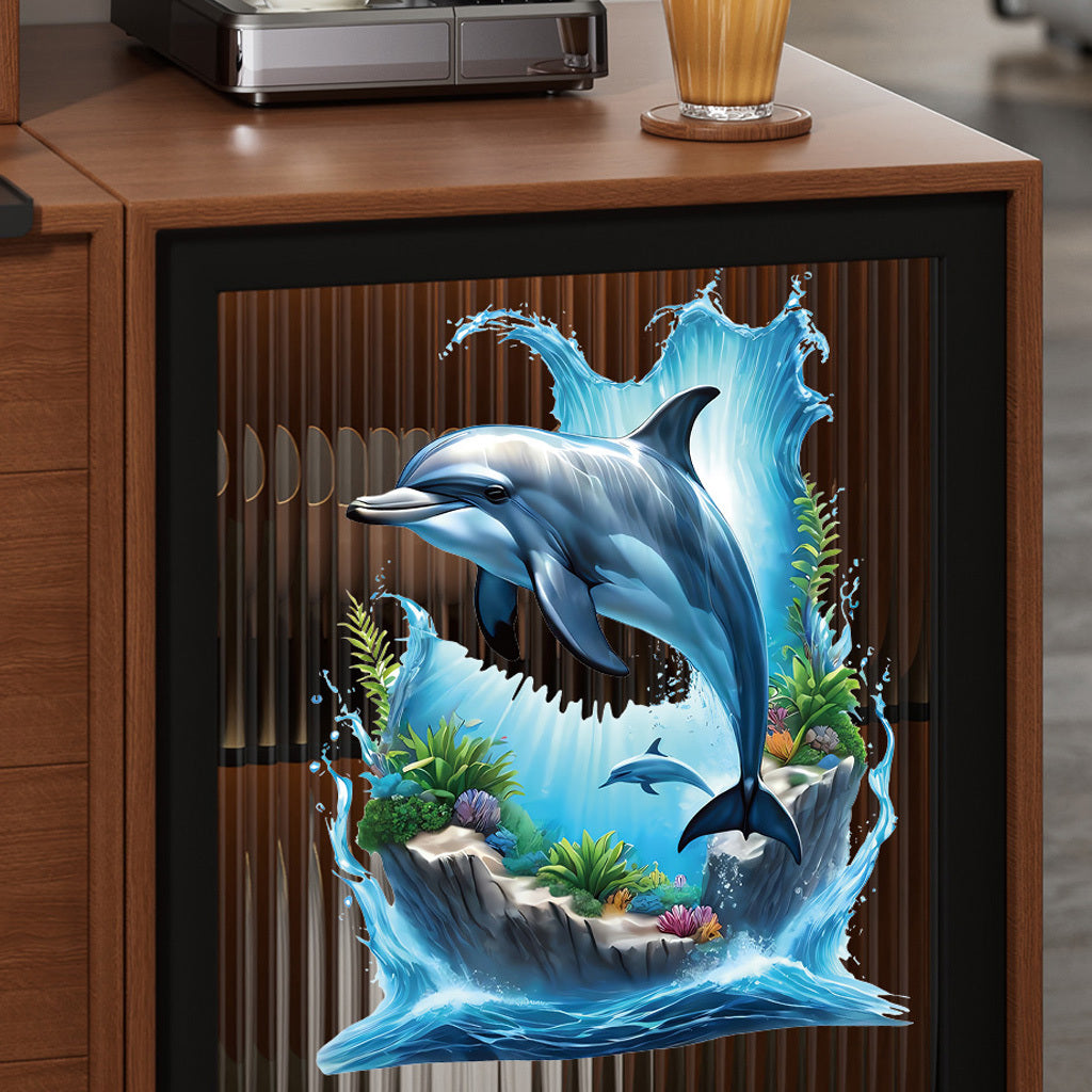 1pc Lifelike dolphin underwater scene stickers, realistic marine mammals with coral reef waves, perfect for ocean-themed decoration, marine art accents, self-adhesive, removable, and waterproof wall decals