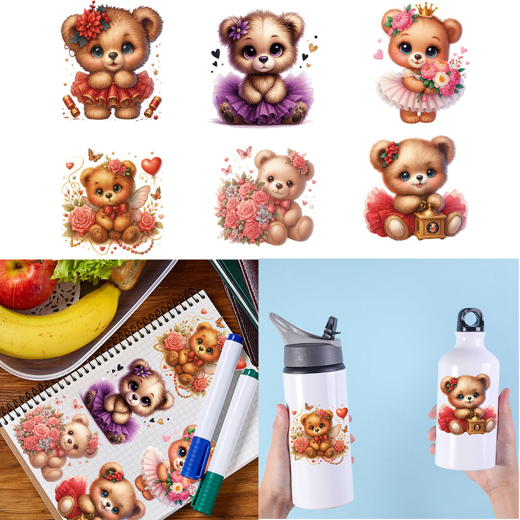 2套 穿裙子的可爱小熊转印水晶标贴纸 适用于笔记本 水杯 储物柜等装饰 自粘防水DIY贴纸 可爱美学贴纸，适合女士、女孩、派对、杯子配件