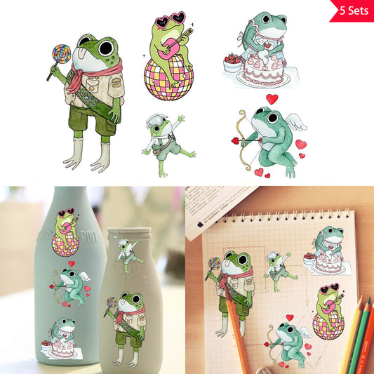 5套 可爱百变青蛙UV DTF水晶标签转印贴纸套装，适用于玻璃罐和空间装饰，物品装饰，自粘，可移除，防水，创意DIY水晶标签转印贴纸，卡通可爱小青蛙贴纸