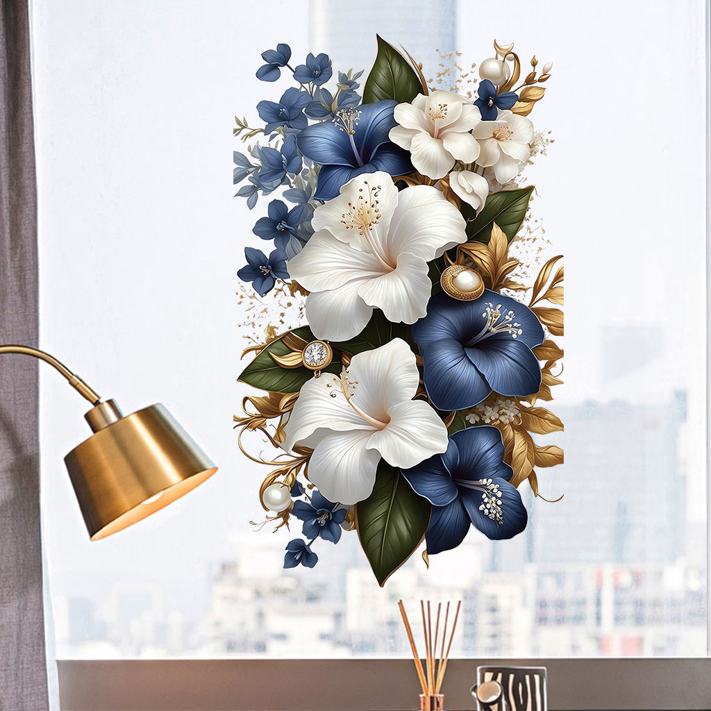 1pc Luxury Blue White Floral Sticker with Gold Accents Opulent Hibiscus Bouquet with Pearls Gems, Perfect for Elegant Decor, Sophisticated Art Accents Glamorous Aesthetic Enhancements