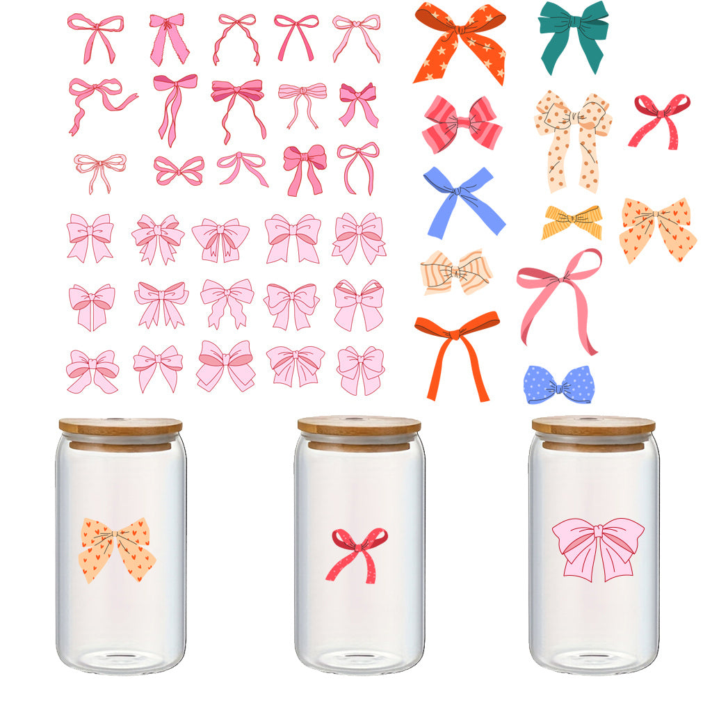 2套 粉红色蝴蝶结可爱设计，适合女士、女孩、派对、杯子配件 适用于 16 盎司玻璃杯和水瓶的 UV DTF 杯子包装纸，带有闪亮水晶的自黏哑光纸蝴蝶结贴花，可爱美学贴纸
