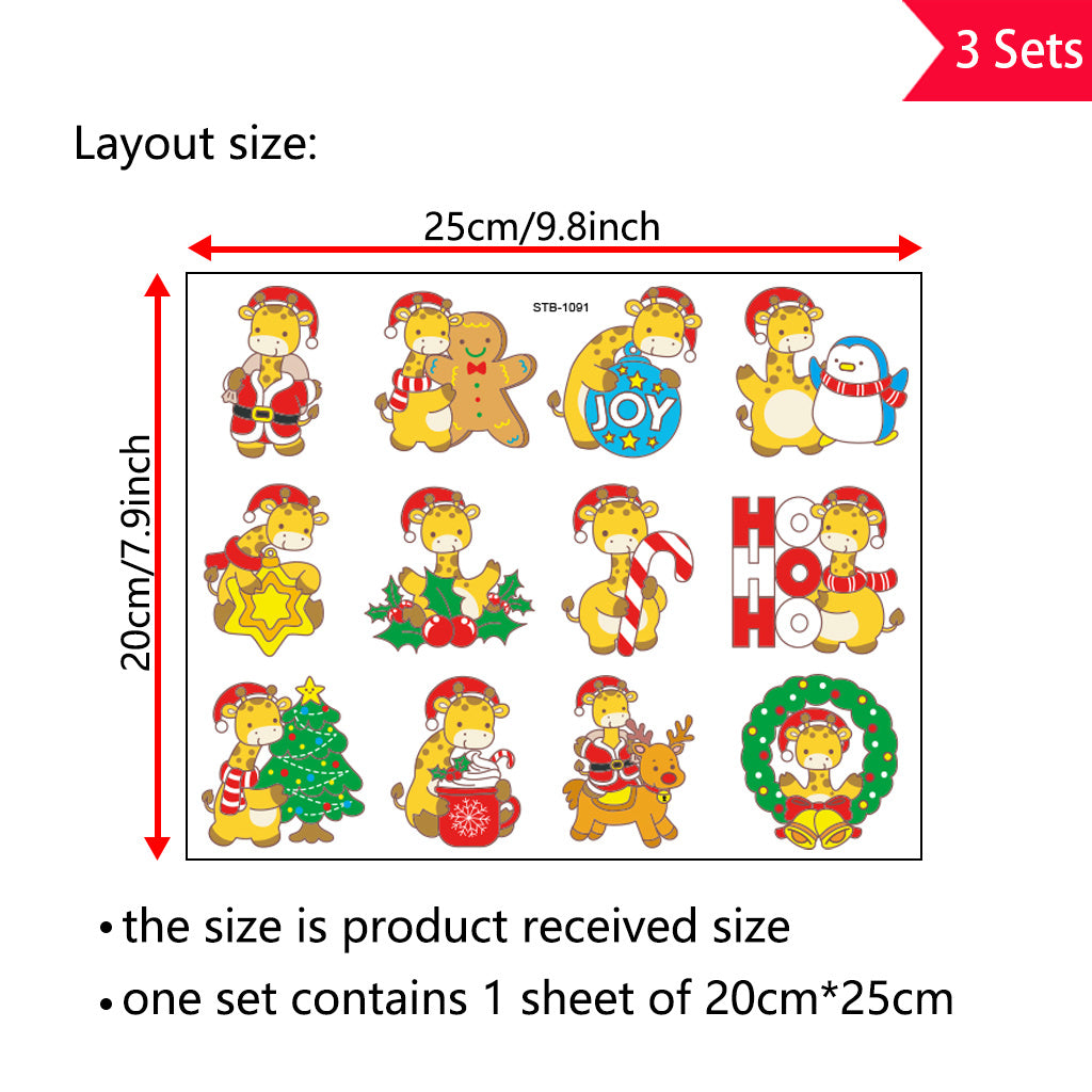 3套 快乐过圣诞可爱卡通长颈鹿转印水晶标贴 适用于水杯 咖啡杯 笔记本装饰等 UV DTF 创意diy贴纸 自粘防水创意diy转印贴纸