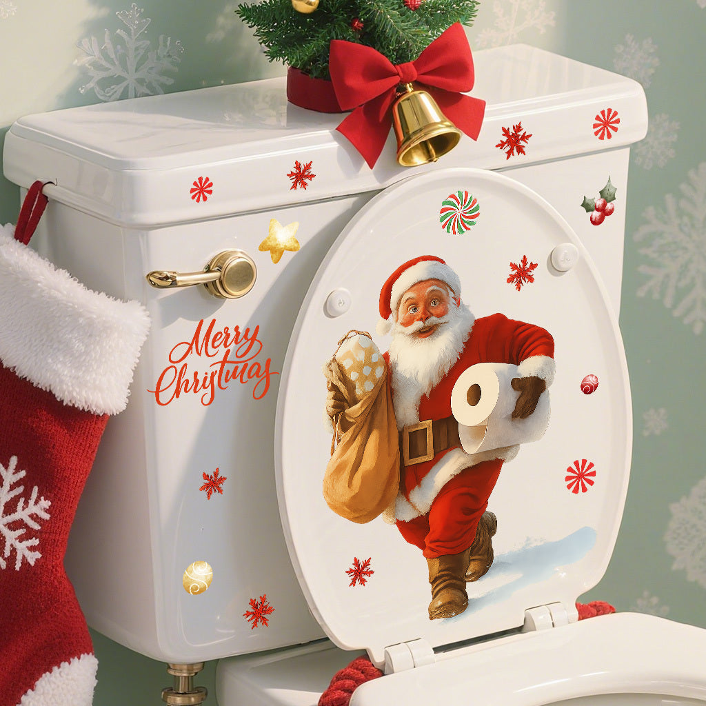 A set of Santa Claus toilet stickers holding gifts and toilet paper, suitable for home decoration, outdoor decoration, glass decoration, etc. Self-adhesive, removable, waterproof, creative DIY stickers.