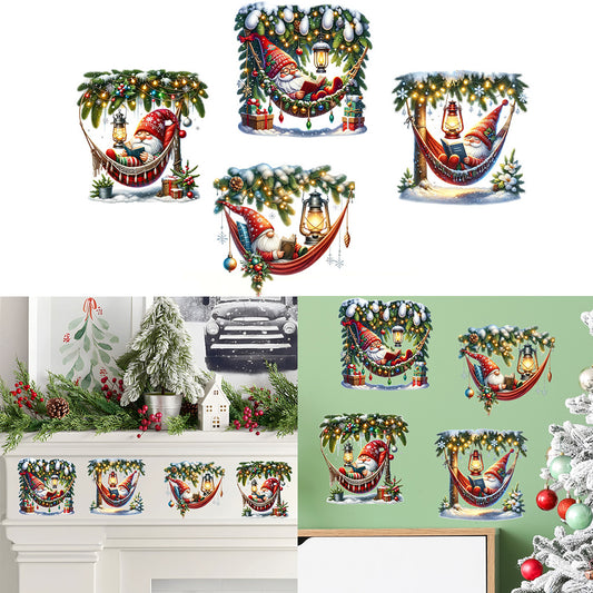 1套 圣诞吊床 gnome 水晶标贴纸：四款萌趣 gnome 躺吊床享圣诞， lantern 与彩饰营造温馨氛围，让圣诞季每处角落都溢满治愈节日情调 自粘防水创意UV DTF创意diy转印贴纸