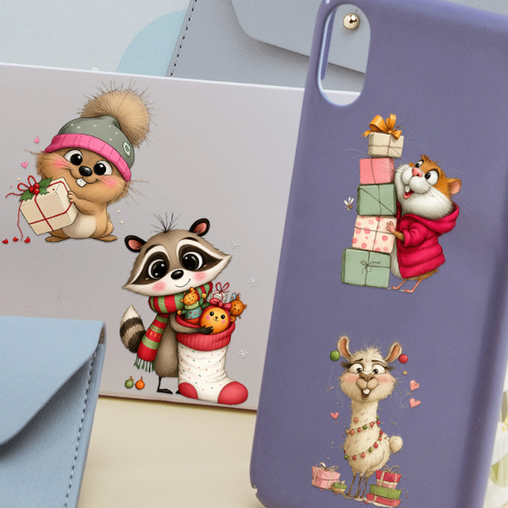 2pcs Cute cartoon Christmas animal UV DTF Crystal label transfer sticker series - Charming squirrel, badger, alpaca and raccoon designs, perfectly adding a festive and artistic atmosphere to glass jars and adult holiday home decoration Spaces. Self-adhesi