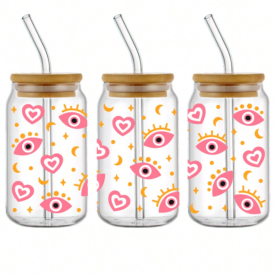 1 set of 5pcs Lucky Pink Blue Eye UV DTF Transfer Printing Waterproof Self-Adhesive Stickers For Mug Water Bottle Cup, DTF Transfer Sticker For 16 OZ Glass Can Wrap, 3d Crystal Label Waterproof And Scratch Resistant, DIY Wrap Transfer Sticker Glass Cup St