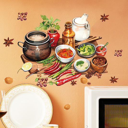1pc Vibrant cooking spices, ingredient stickers, colorful kitchen scenes featuring herbs and spices, kitchen utensils, perfect for food lovers' decoration, gourmet art decoration, adding a touch of flavor aesthetics, self-adhesive wall stickers