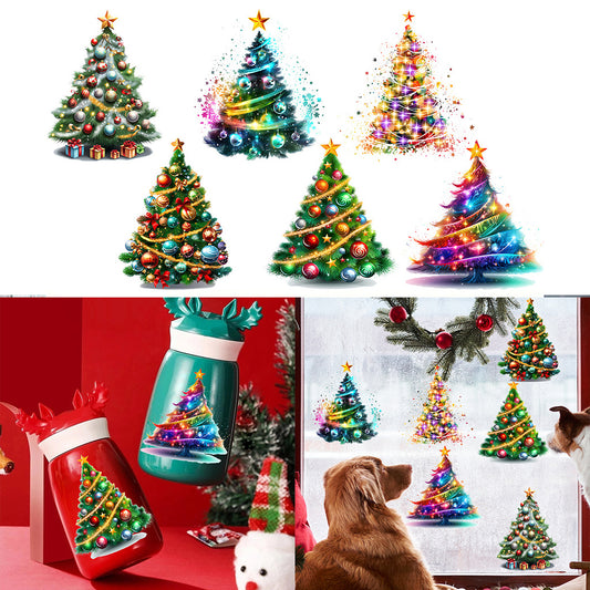 1套 彩色圣诞树UV DTF转印贴纸套装，配有各种风格的彩灯。为圣诞节增添丰富的喜悦和温暖氛围。自粘防水创意DIY贴纸。