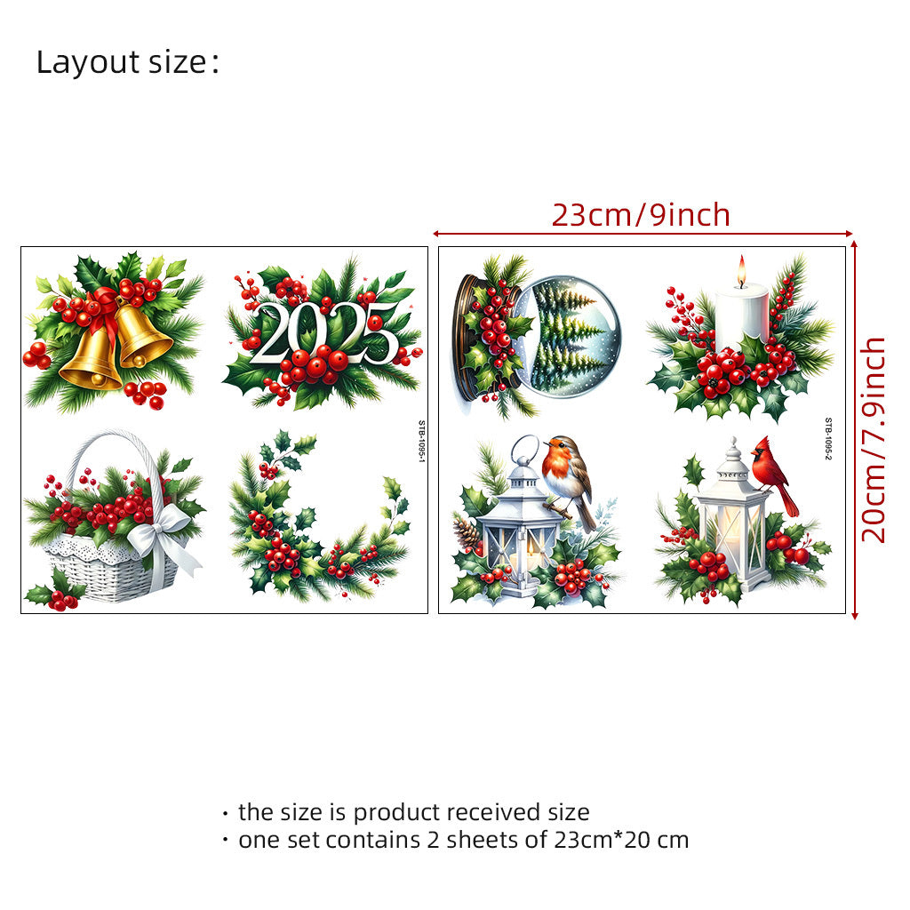 1套 2025圣诞节花卉水果铃铛转印水晶标贴纸 适用于水杯 咖啡杯 笔记本装饰等 自粘防水DIY贴纸 UV DTF 转印贴纸办公室和家用