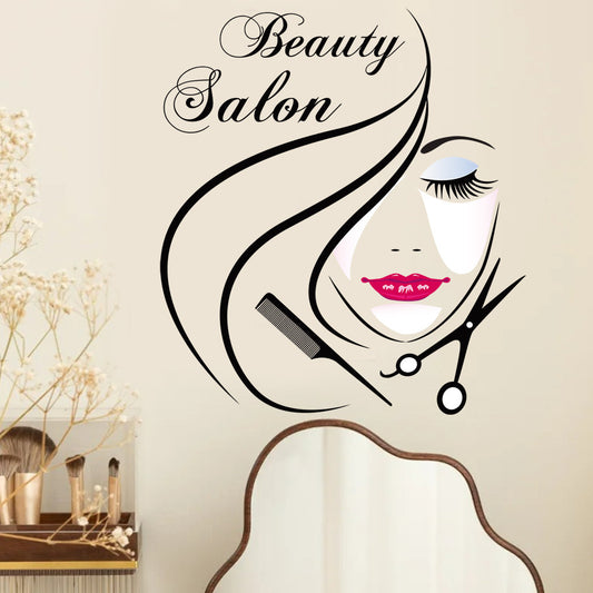 1pc Elegant beauty salon stickers, stylish hairstyle, beauty scissors and comb design, perfect for salon decoration, fashionable art accents, adding an artistic atmosphere, self-adhesive and removable wall stickers