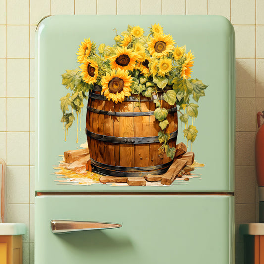 1pc Country Sunflower Wooden Barrel Sticker. A vintage wooden barrel filled with lush flowers, perfect for country home decor. Floral art accents enhance timeless beauty. Self-adhesive wall sticker.