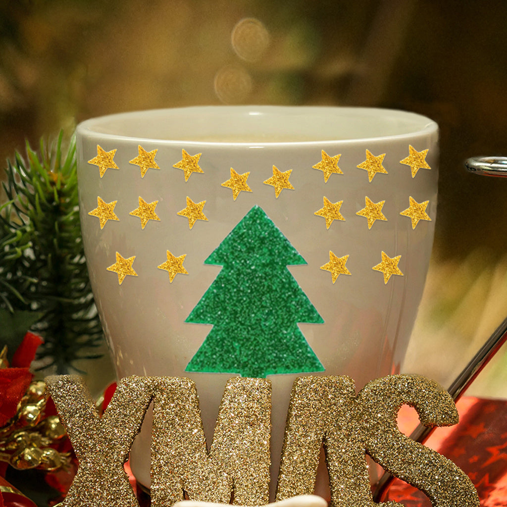 4PCS 2 sets of Christmas trees and stars crystal standard UV DTF transfer sticker sets, perfect for adding a charming seasonal atmosphere to glass jars and space decorations. Self-adhesive, removable, and waterproof stickers.