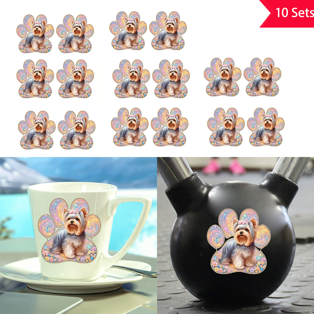 10套 可爱约克夏犬彩色狗爪印UV DTF水晶标签转印贴纸套装 - 花卉与闪亮设计，为宠物爱好者增添温馨氛围，适用于玻璃罐和空间装饰，物品装饰，自粘，可移除，防水创意DIY水晶标签转印贴纸