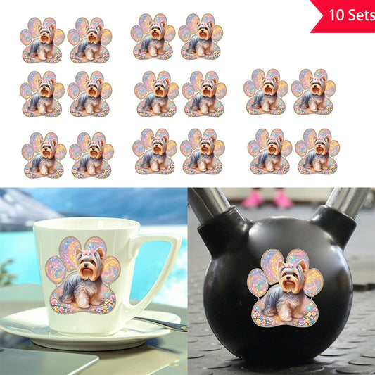 10套 可爱约克夏犬彩色狗爪印UV DTF水晶标签转印贴纸套装 - 花卉与闪亮设计，为宠物爱好者增添温馨氛围，适用于玻璃罐和空间装饰，物品装饰，自粘，可移除，防水创意DIY水晶标签转印贴纸