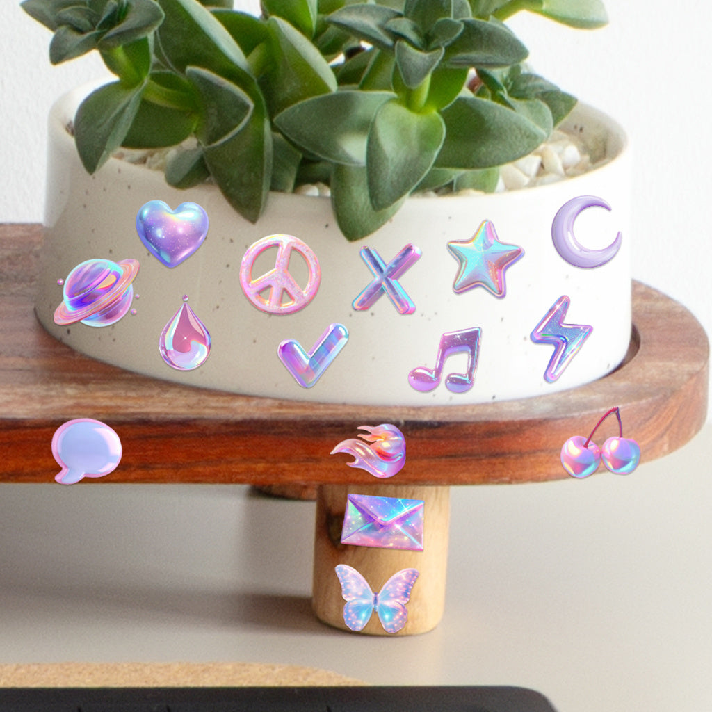 3pcs Pastel Fashion Icons UV DTF Crystal Sticker Set with vibrant rainbow shimmer symbol designs, perfect for decoration and fashion accents. Enhances modern aesthetics with self-adhesive waterproof transfer stickers.
