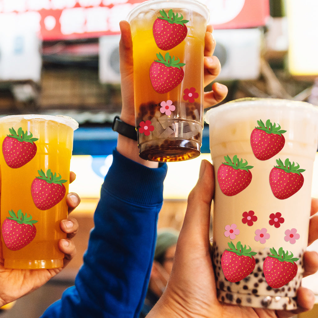 3套 可爱草莓图案设计、UV DTF 杯子贴纸、防水贴纸包，用于装饰杯子、电脑、瓶子、学习用品等装饰、工艺品、DIY 艺术用品转水晶标贴纸 适合女孩 节日 派对装饰