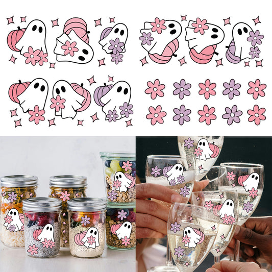 1套 万圣节 可爱背着南瓜的幽灵转印水晶贴纸 适用于水杯 玻璃 笔记本 金属装饰等转印水晶贴纸 自粘可拆卸防水贴纸 UV DTF 转印贴纸办公室和家用
