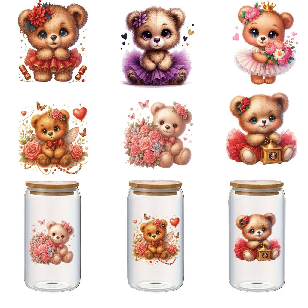 2套 穿裙子的可爱小熊转印水晶标贴纸 适用于笔记本 水杯 储物柜等装饰 自粘防水DIY贴纸 可爱美学贴纸，适合女士、女孩、派对、杯子配件