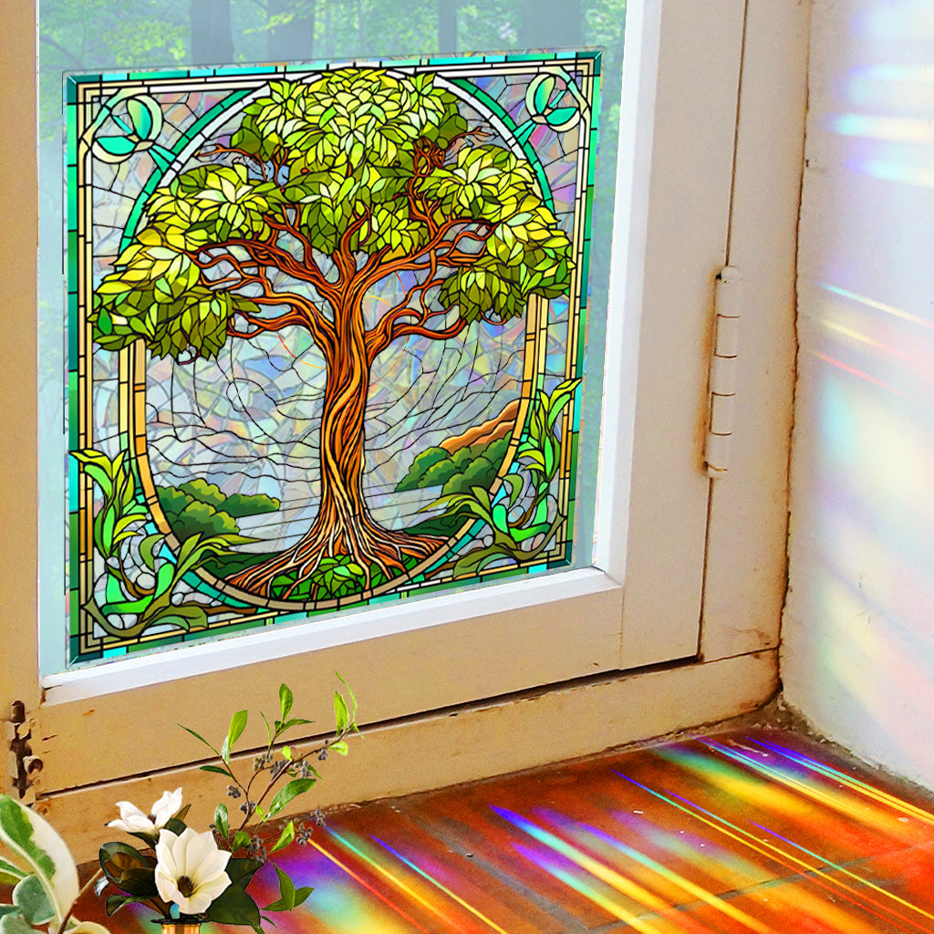 1pc Art Nouveau style stained glass Tree of Life static sticker, exquisite leaf decoration, natural elegance, artistic decoration of eternal plant aesthetics, providing a refined decorative touch with electrostatic glass adhesion.