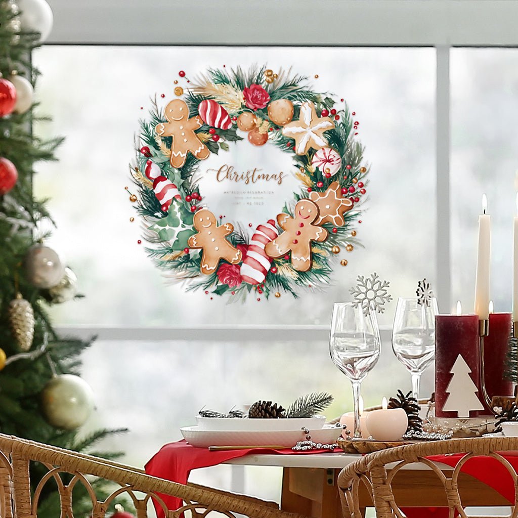 1套 圣诞姜饼人花环墙贴，水彩风姜饼人、糖果花环设计，节日氛围浓郁，贴于玄关、客厅墙面，为家居圣诞装饰添温馨甜美元素，自粘易贴。