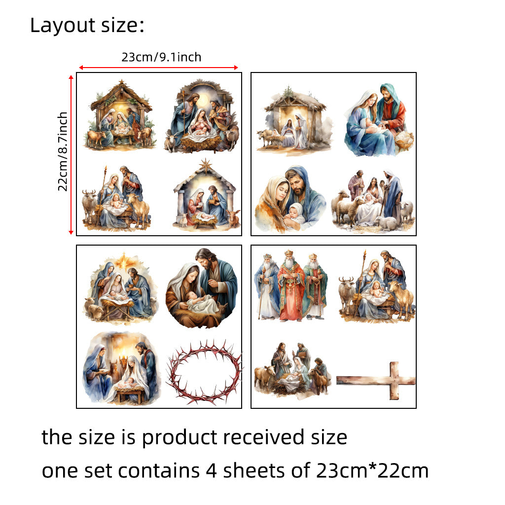 4pcs Christmas Jesus Catholic Christian Character Transfer UV DTF Crystal Stickers, suitable for cups, computers, home decor, etc. Self-adhesive waterproof creative stickers to add festive atmosphere and vitality.