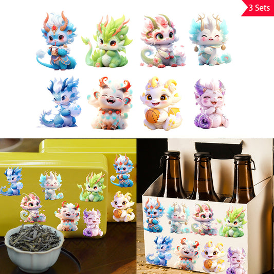 3套 奇趣可爱卡通神话龙贴纸系列 - 色彩丰富、设计迷人的幻想龙图案，是艺术装饰的理想之选，营造迷人氛围，适用于玻璃罐及家居装饰空间，自粘可移除防水创意 DIY 水晶标签转印贴纸