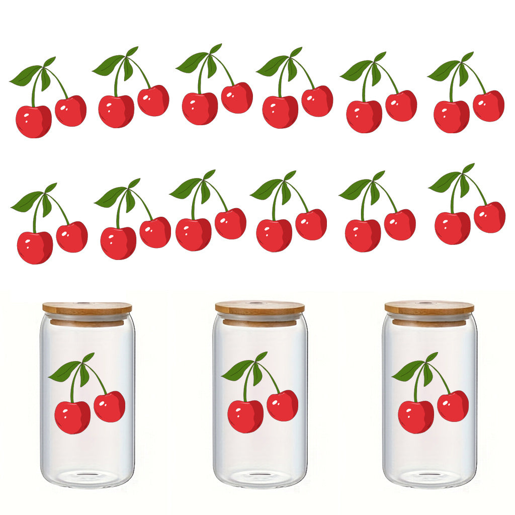 3套 适用于 16 盎司玻璃杯和水瓶的 UV DTF 水晶标转印贴纸 可爱红色樱桃设计，可爱美学贴纸，适合女士、女孩、派对、杯子配件 带有闪亮水晶的自黏哑光樱桃贴花