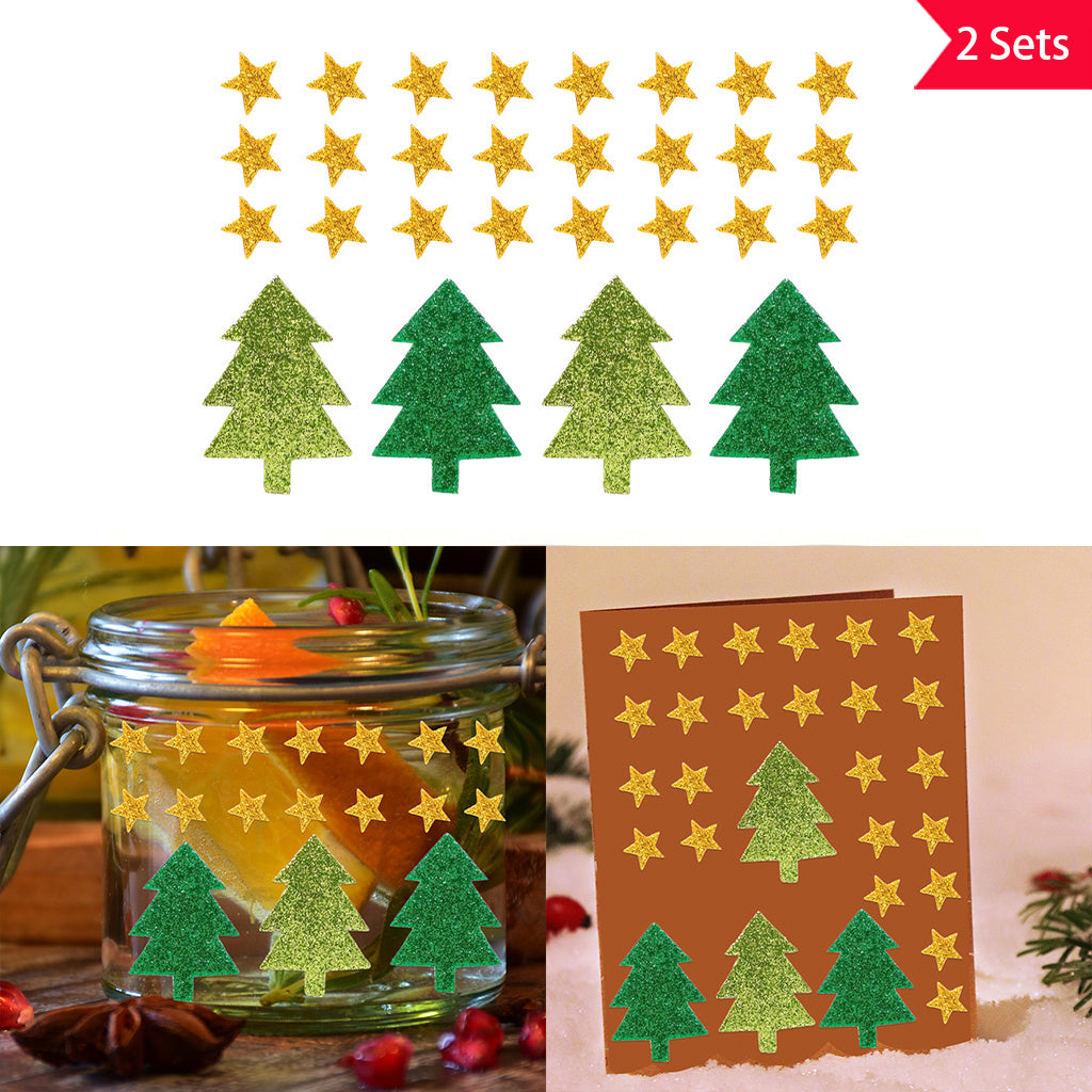 2套圣诞树和星星水晶标准UV DTF转印贴纸套装，非常适合为玻璃瓶和空间装饰增添迷人的节日氛围。自粘、可移除、防水贴纸。