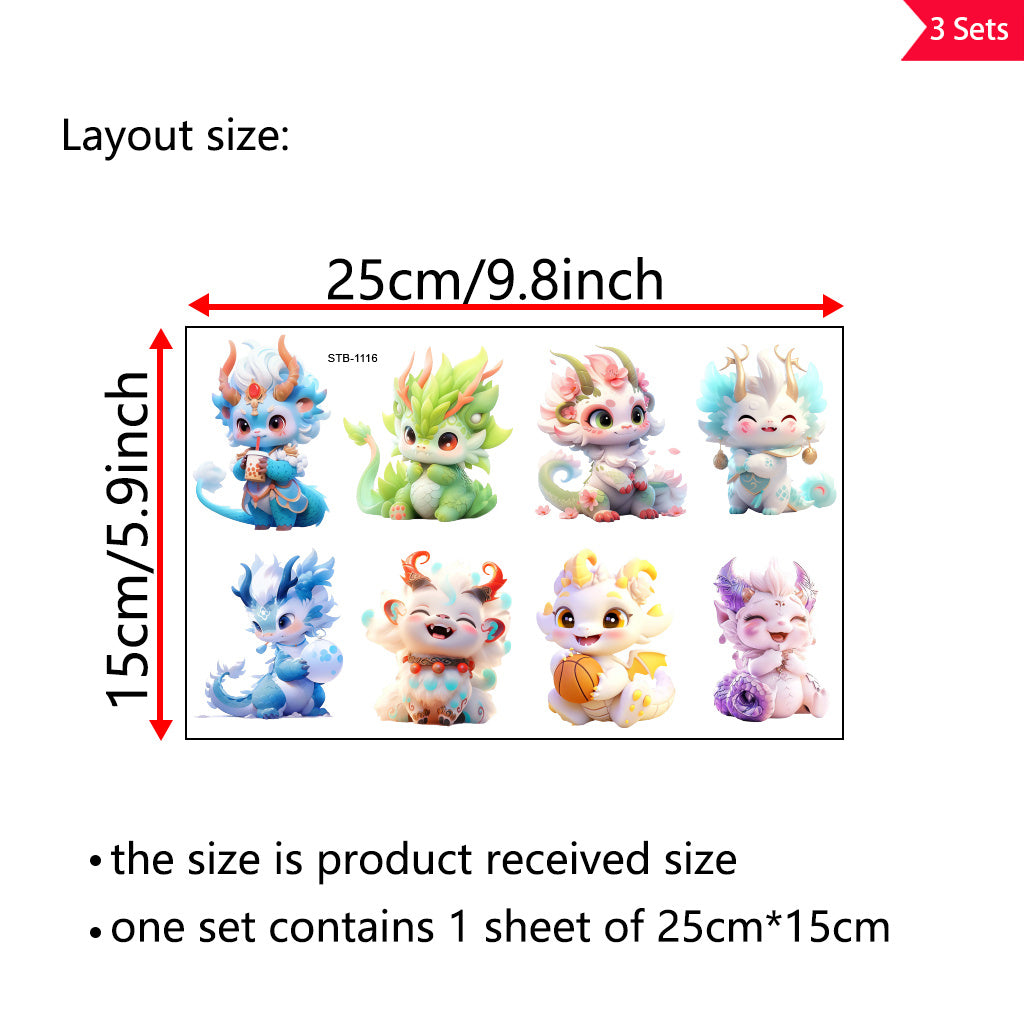 3套 奇趣可爱卡通神话龙贴纸系列 - 色彩丰富、设计迷人的幻想龙图案，是艺术装饰的理想之选，营造迷人氛围，适用于玻璃罐及家居装饰空间，自粘可移除防水创意 DIY 水晶标签转印贴纸