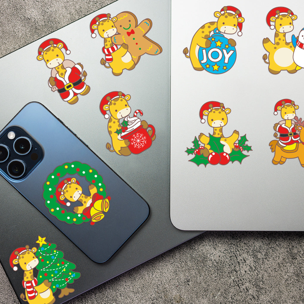 3套 快乐过圣诞可爱卡通长颈鹿转印水晶标贴 适用于水杯 咖啡杯 笔记本装饰等 UV DTF 创意diy贴纸 自粘防水创意diy转印贴纸