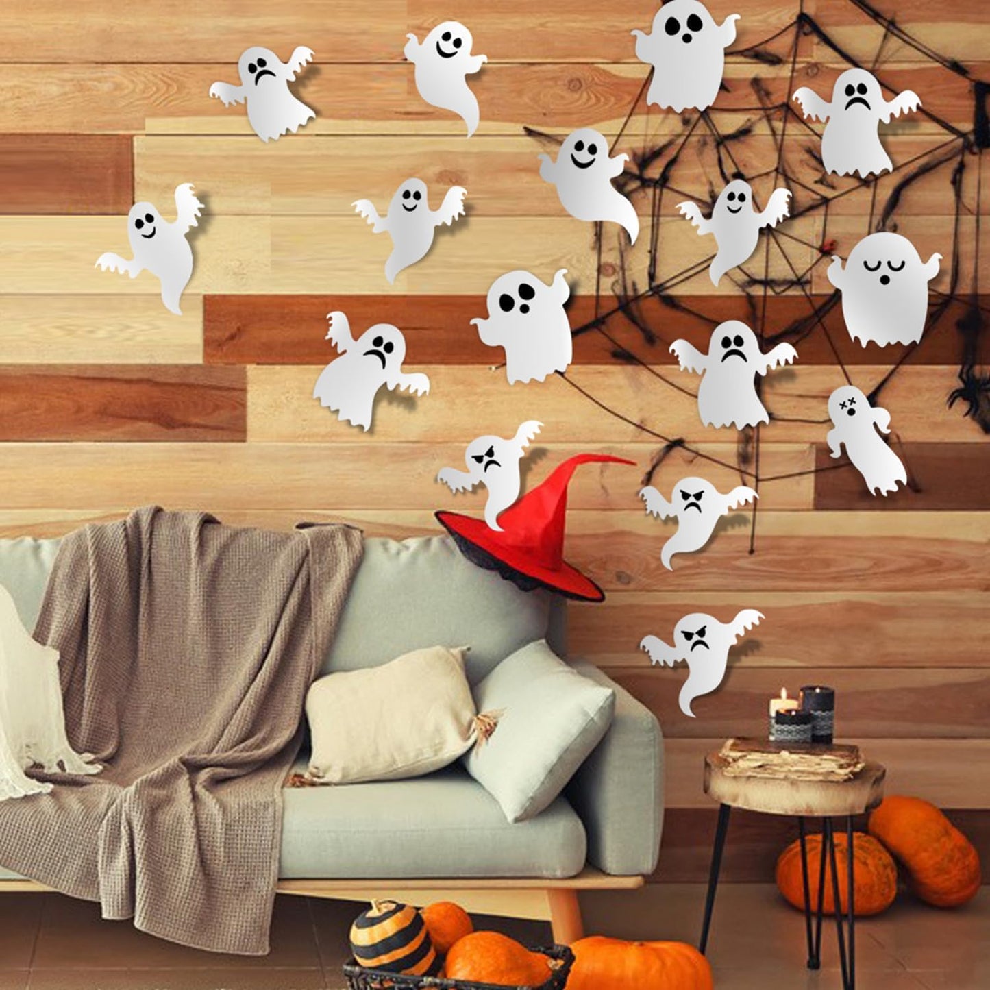 Halloween Wall Decor- 21 Pcs 3D Cute Ghost Wall Stickers White Gothic Ghost Wall Decals for Halloween Home Decoration Reusable Self-Adhesive Spooky Halloween Party Window Door Wall Room Decor Supplies