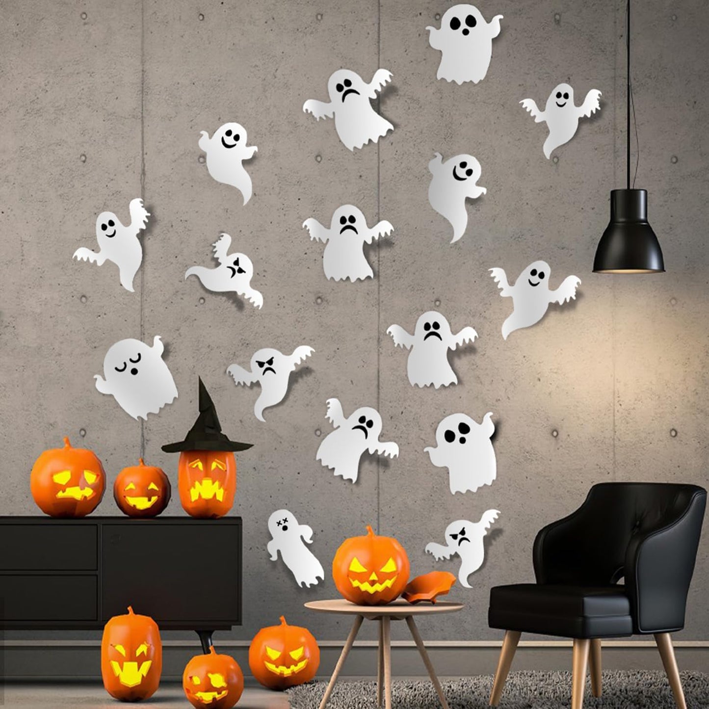 Halloween Wall Decor- 21 Pcs 3D Cute Ghost Wall Stickers White Gothic Ghost Wall Decals for Halloween Home Decoration Reusable Self-Adhesive Spooky Halloween Party Window Door Wall Room Decor Supplies