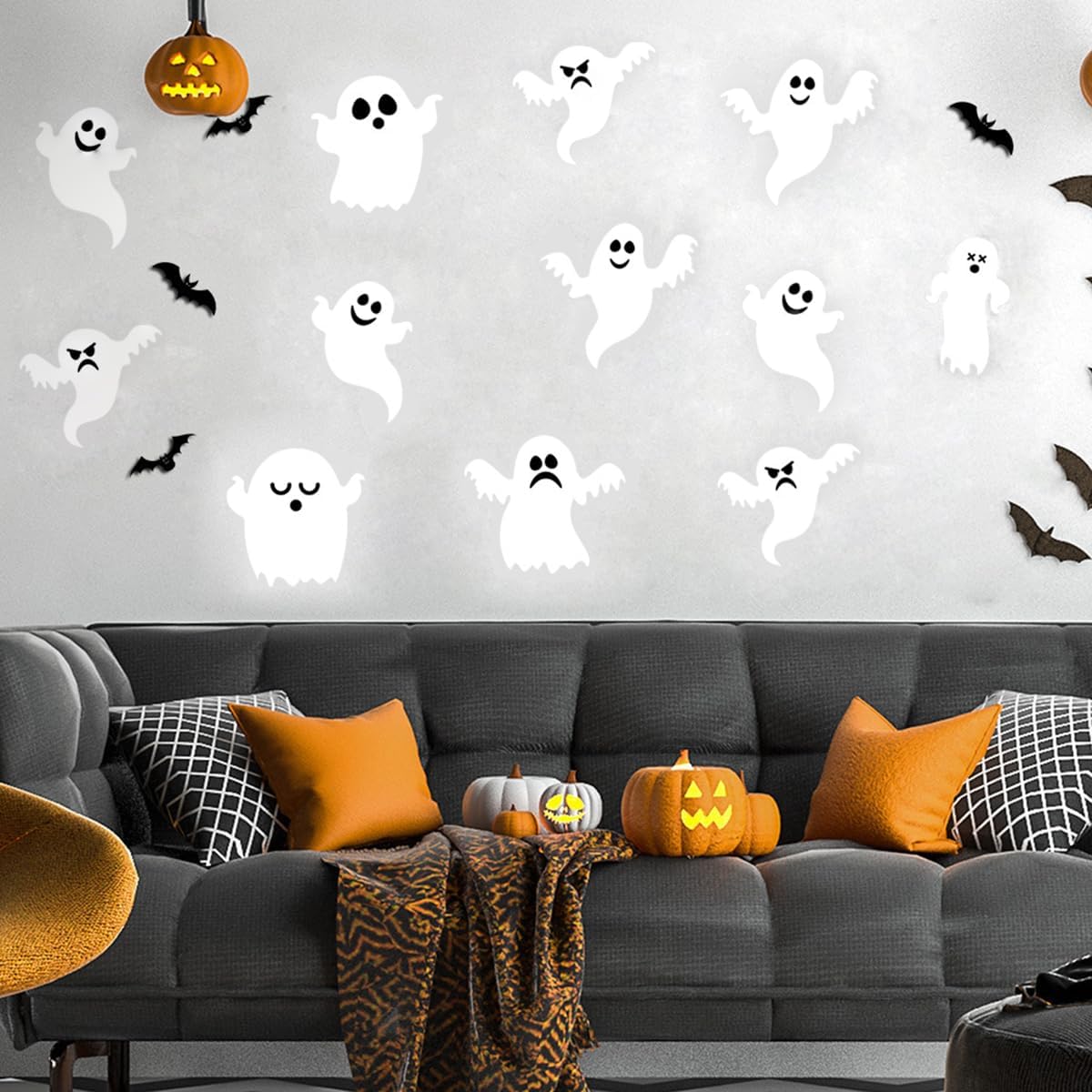 Halloween Wall Decor- 21 Pcs 3D Cute Ghost Wall Stickers White Gothic Ghost Wall Decals for Halloween Home Decoration Reusable Self-Adhesive Spooky Halloween Party Window Door Wall Room Decor Supplies