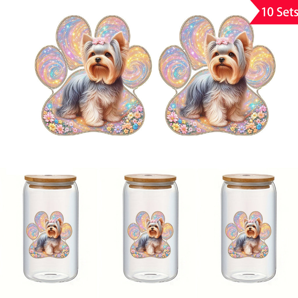 10套 可爱约克夏犬彩色狗爪印UV DTF水晶标签转印贴纸套装 - 花卉与闪亮设计，为宠物爱好者增添温馨氛围，适用于玻璃罐和空间装饰，物品装饰，自粘，可移除，防水创意DIY水晶标签转印贴纸