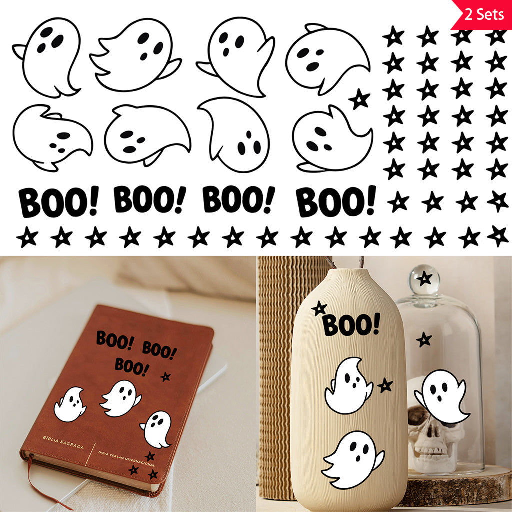 2套 万圣节 可爱幽灵转印水晶贴纸 适用于水杯 玻璃 金属 笔记本等装饰水晶贴纸 自粘可拆卸防水水晶贴纸 增添生活趣味性与文化艺术性 UV DTF 转印贴纸办公室和家用