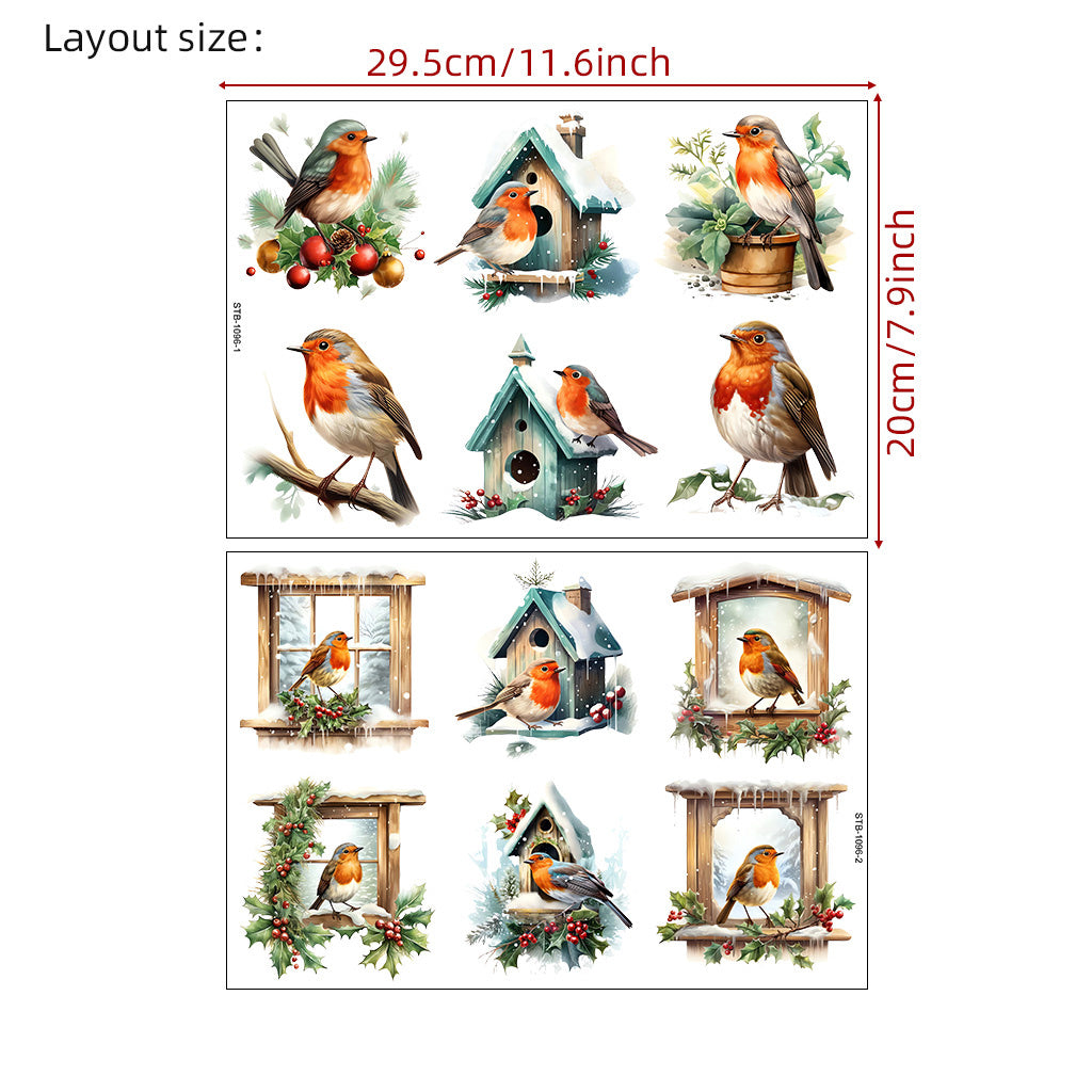 1套 冬日可爱知更鸟转印水晶表贴纸 3D 水晶设计 UV DTF 转印贴纸 办公室和家用 16 盎司字母玻璃杯 咖啡杯贴纸 DIY 包裹转移贴纸
