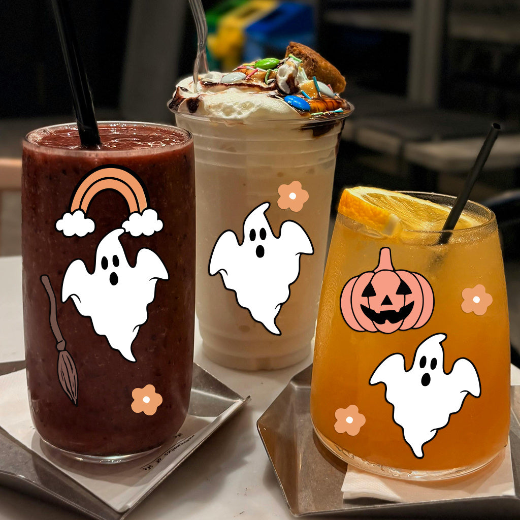 1套 可爱幽灵南瓜头万圣节元素转印水晶贴纸 适用于水杯 笔记本 玻璃 金属等水晶贴纸 自粘防水可拆卸uv dtf创意可爱转印贴纸